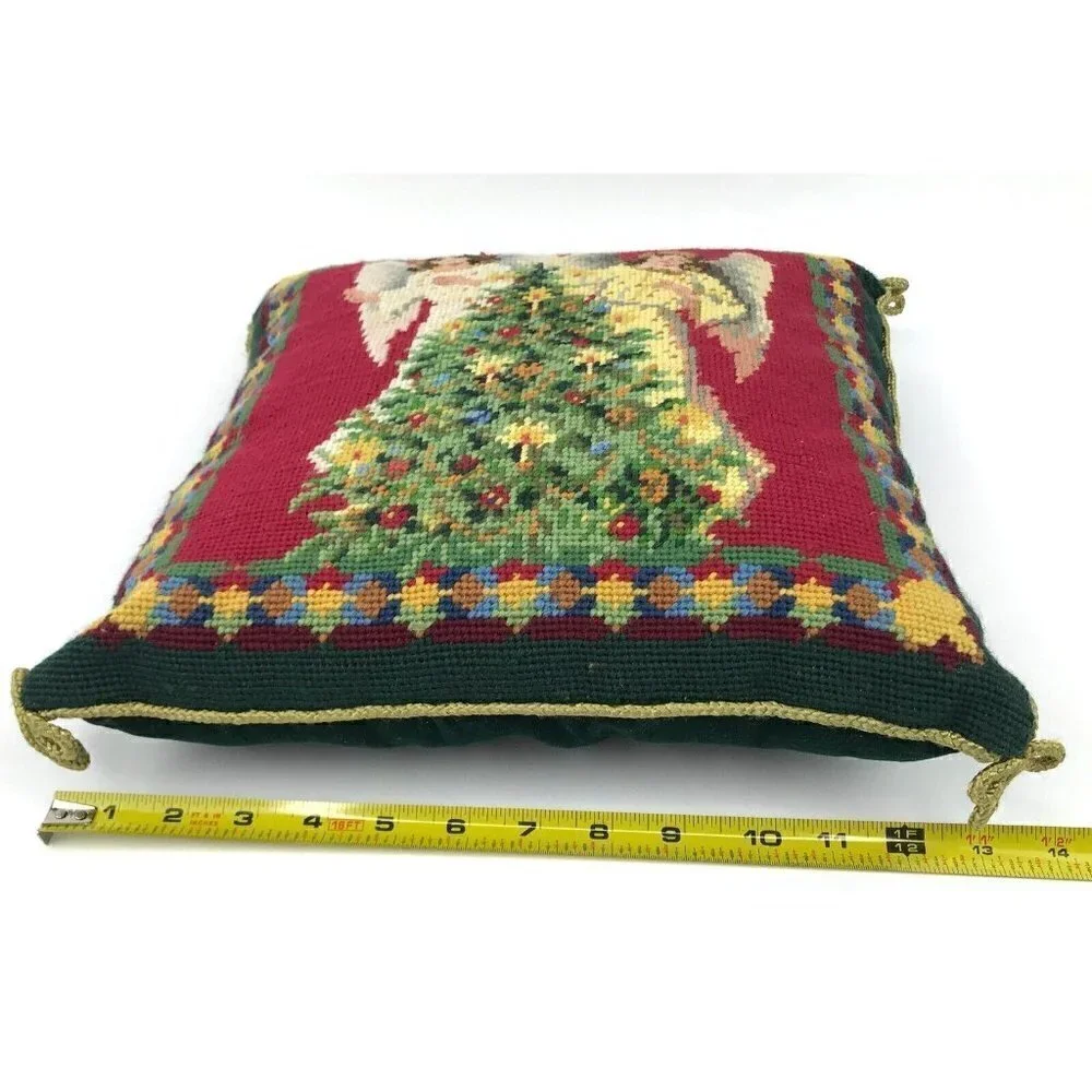 Needlepoint Christmas Tree & Angel Accent Throw Pillow Green Red Wool Embroidery